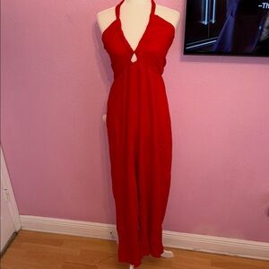 12th Tribe Linen Red Halter Jumpsuit